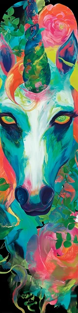 Free colorful bookmark featuring a neon-style unicorn